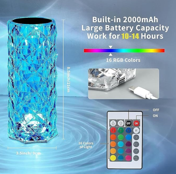 Crystal Table Lamp – 16 Color Changing RGB Rose Diamond